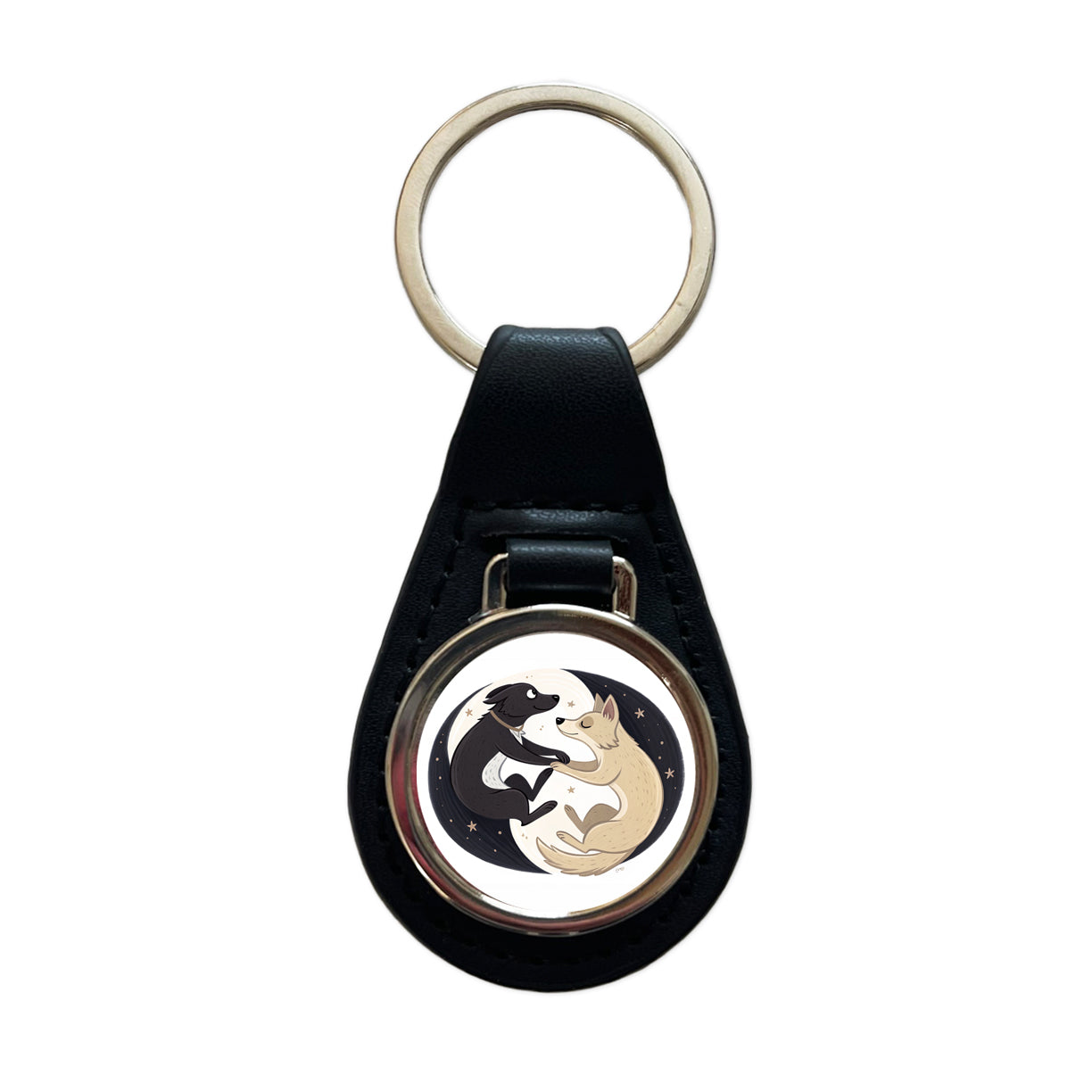 Two Dogs Yin Yang Black Leather Metal Keychain