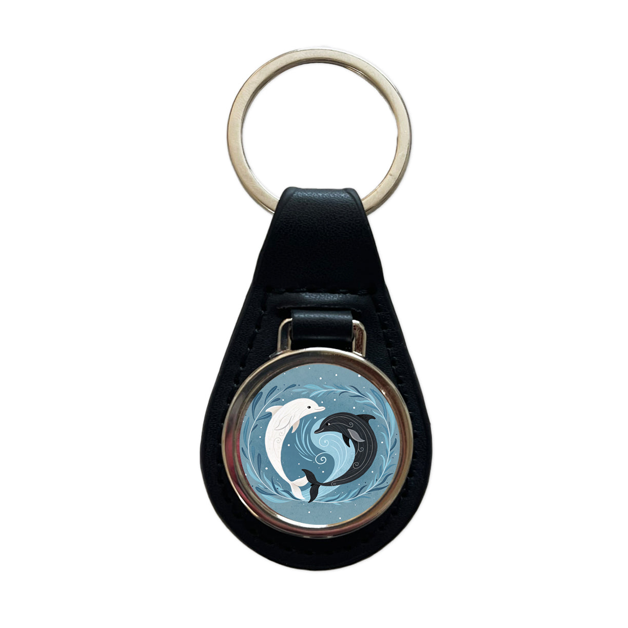 Two Dolphins Yin Yang Black Leather Metal Keychain