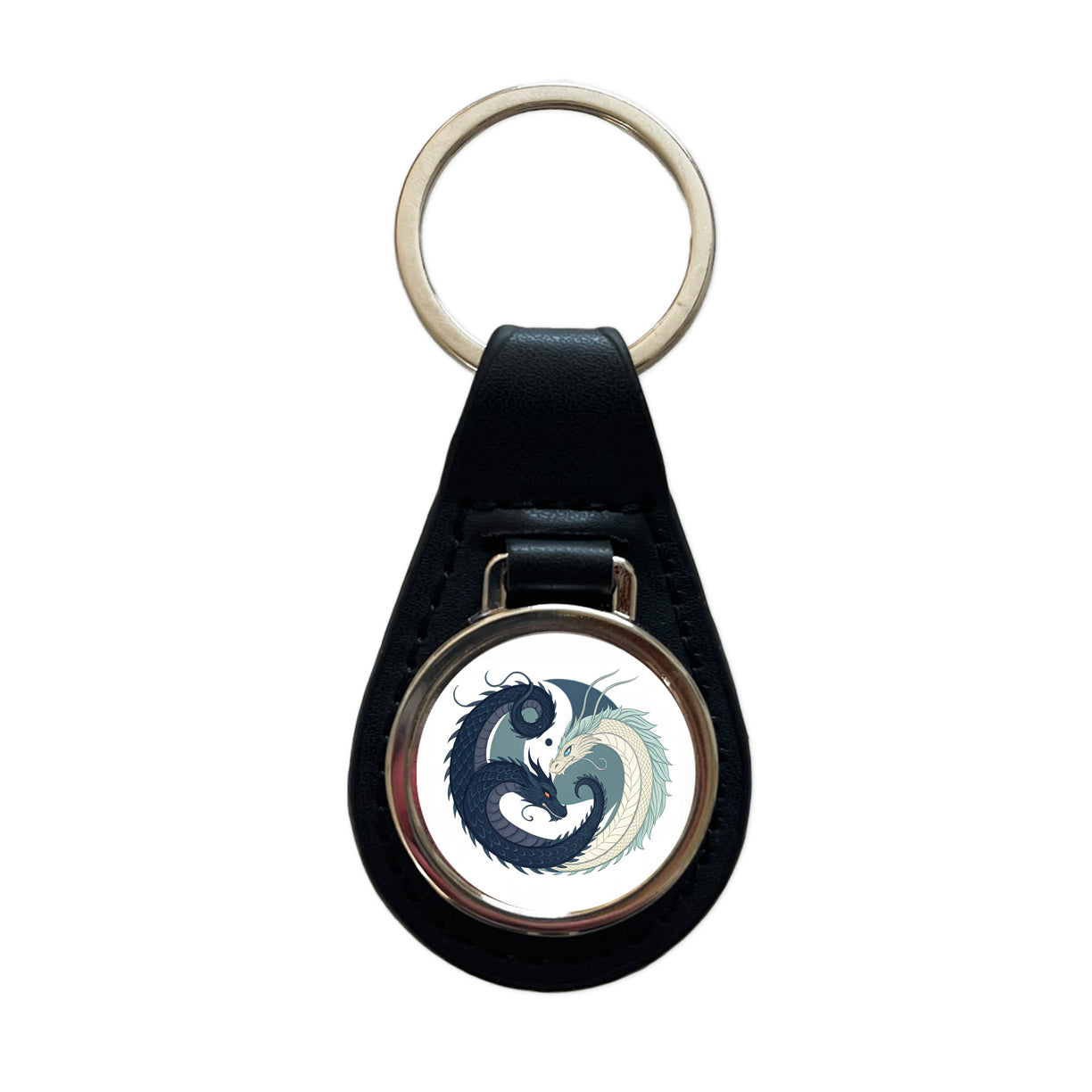Two Dragons Yin Yang Black Leather Metal Keychain