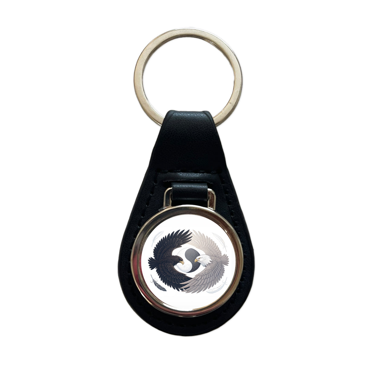 Two Eagles Yin Yang Dark Light Black Leather Metal Keychain