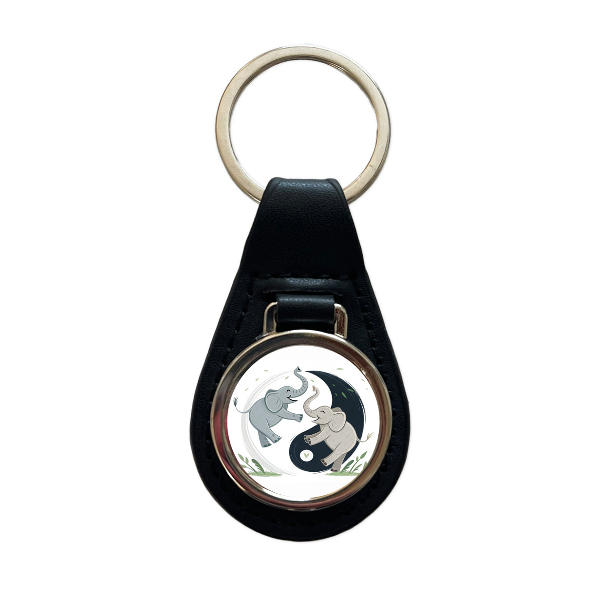 Two Elephants Yin Yang Cute Black Leather Metal Keychain