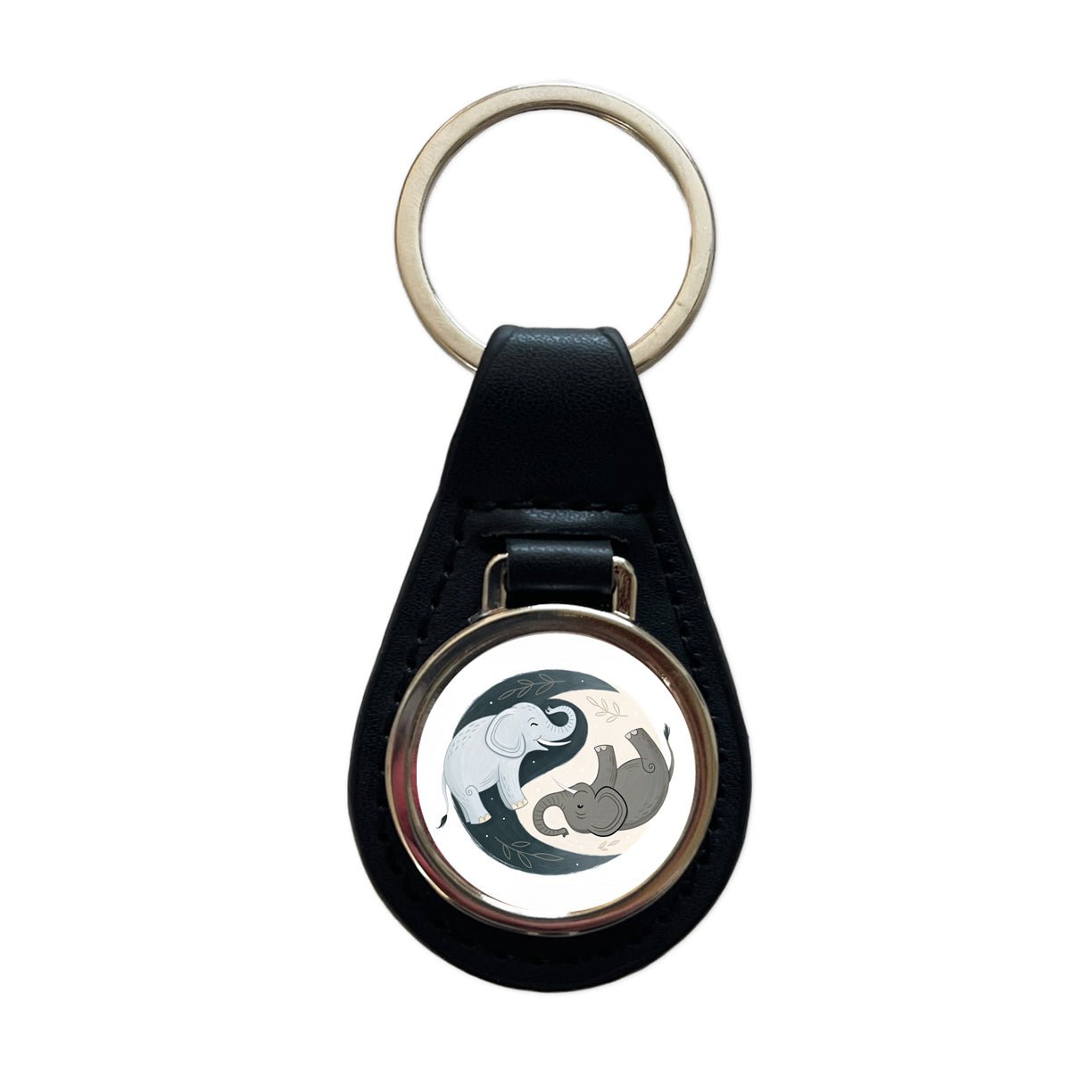 Two Elephants Yin Yang Black Leather Metal Keychain