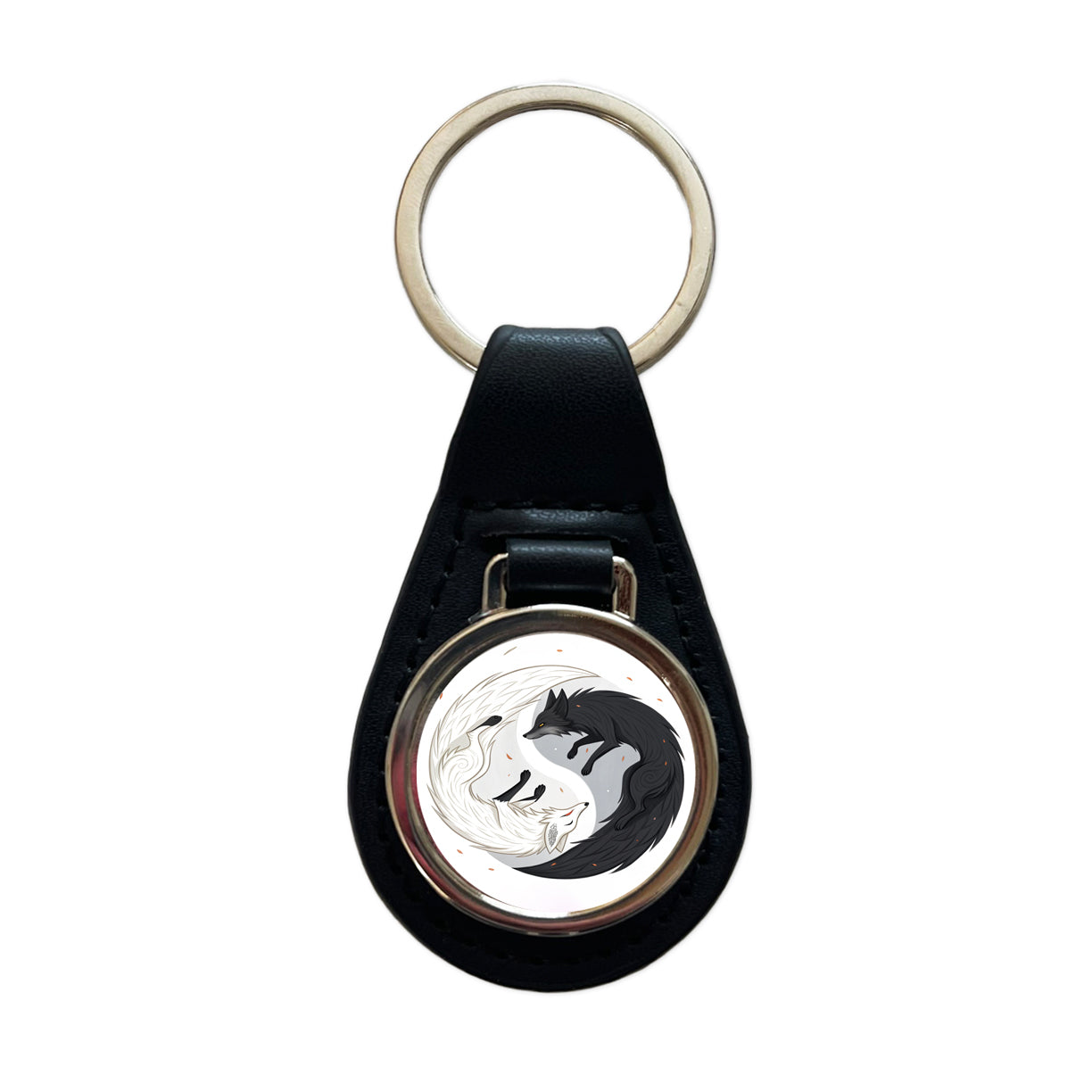 Two Foxes Yin Yang Black White Black Leather Metal Keychain