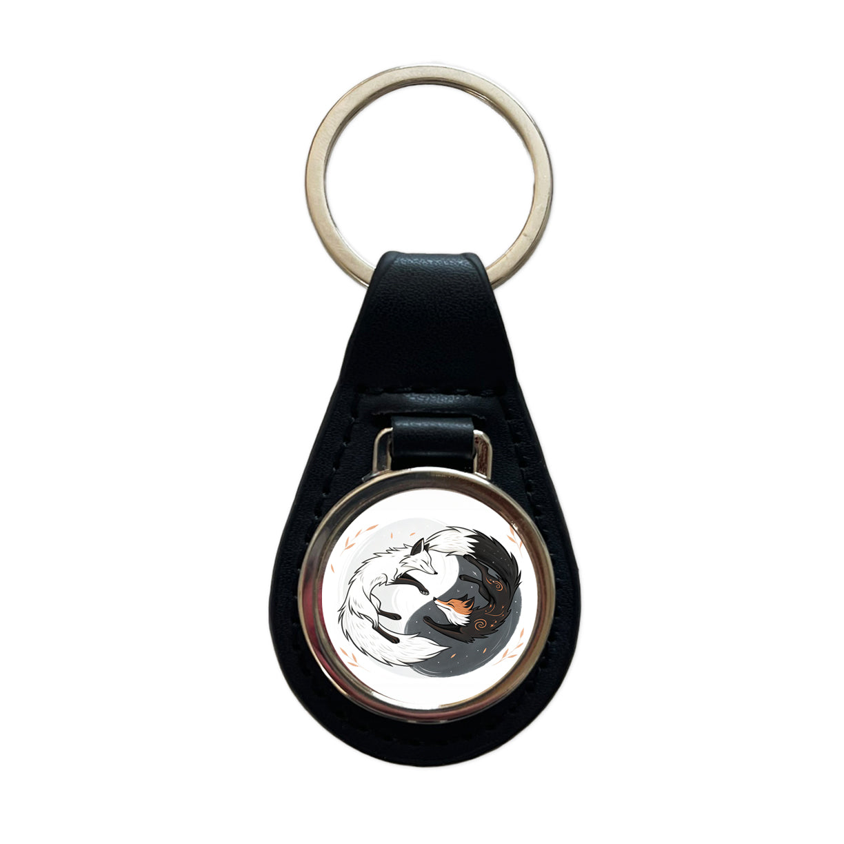 Two Foxes Yin Yang Black Leather Metal Keychain