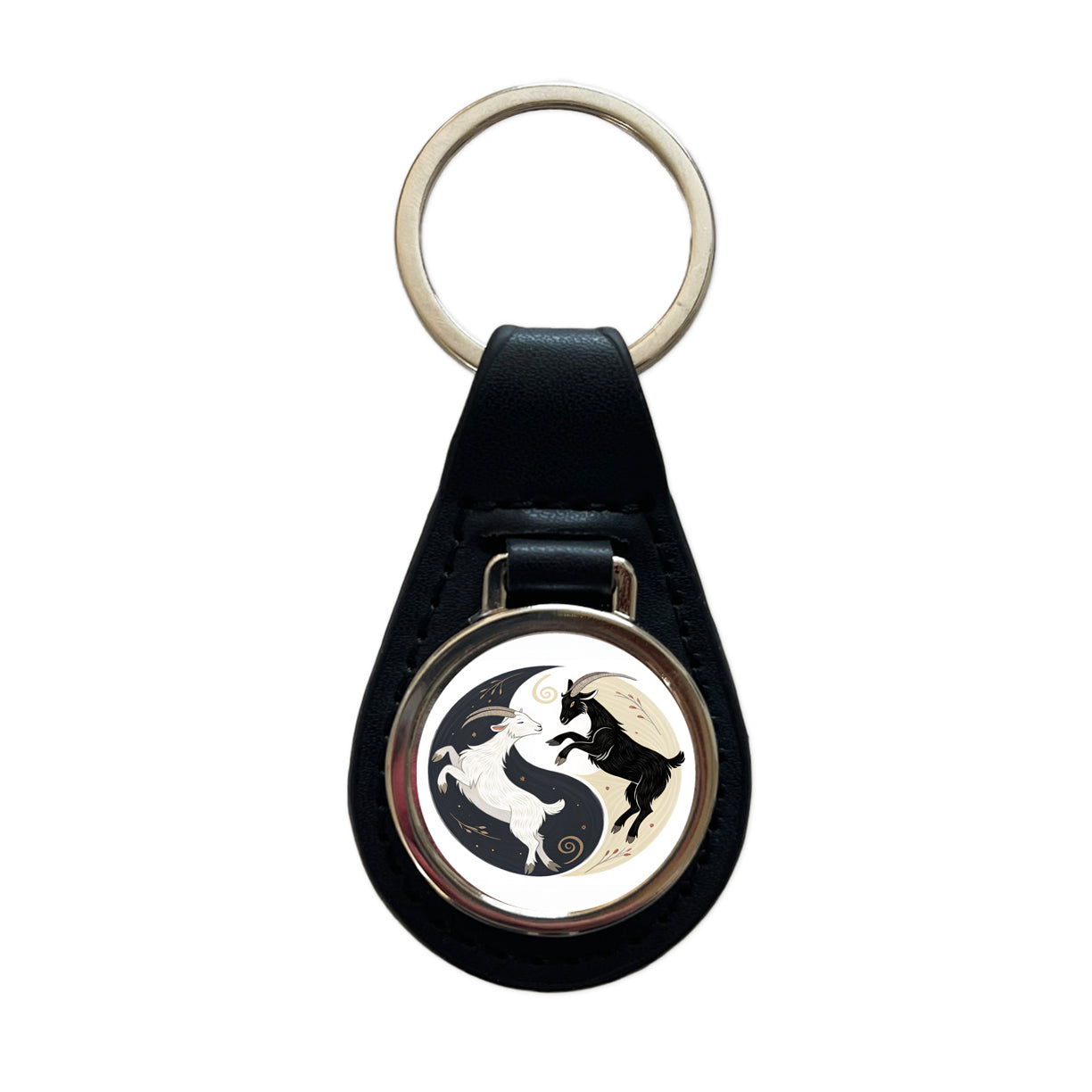 Two Goats Yin Yang Black Leather Metal Keychain