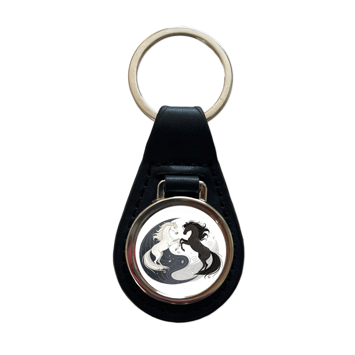Two Horses Yin Yang Dark Light Black Leather Metal Keychain