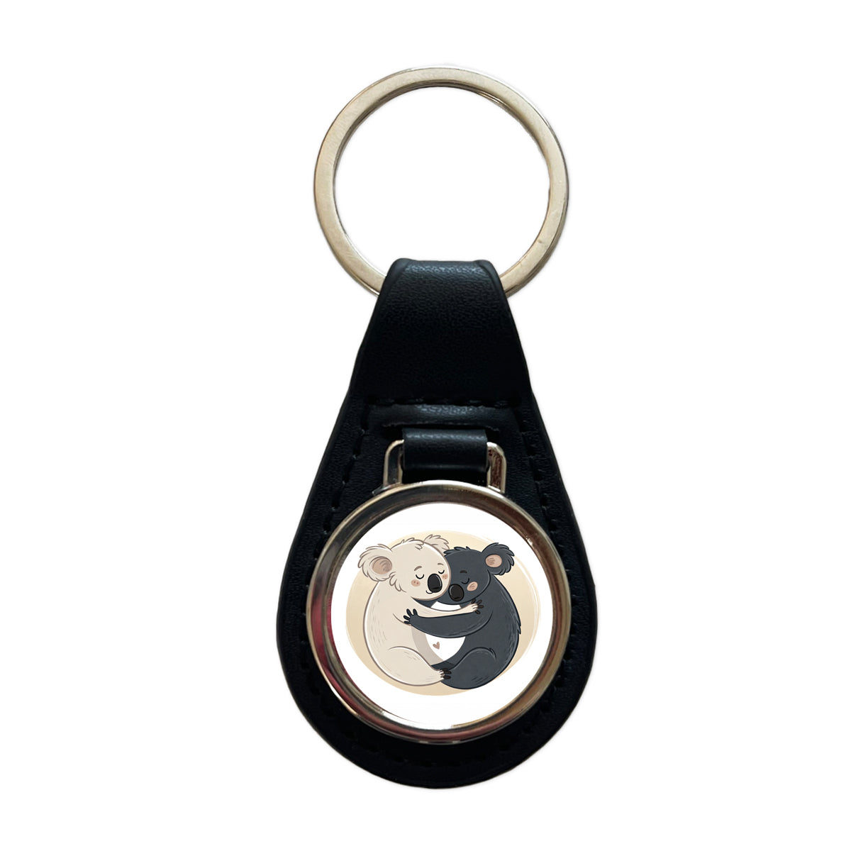 Two Koalas Yin Yang Dark Light Black Leather Metal Keychain