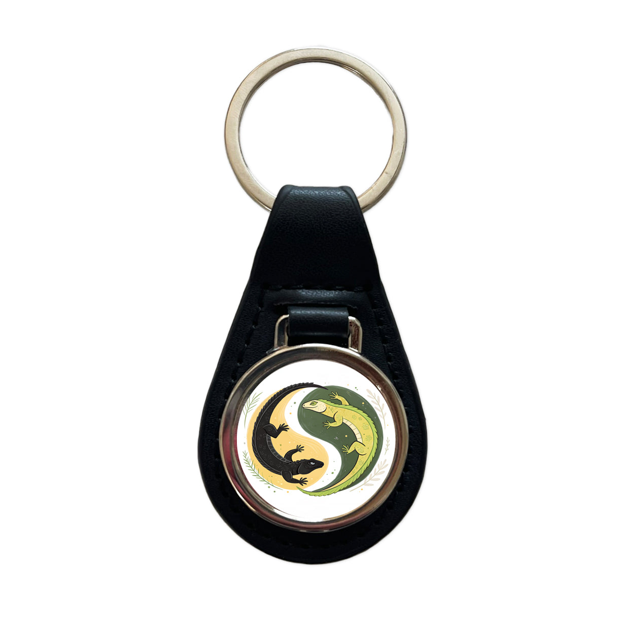 Two Komodo Dragons Yin Yang Black Leather Metal Keychain