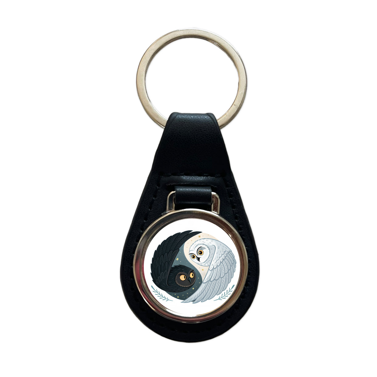 Two Owls Yin Yang Black White Black Leather Metal Keychain