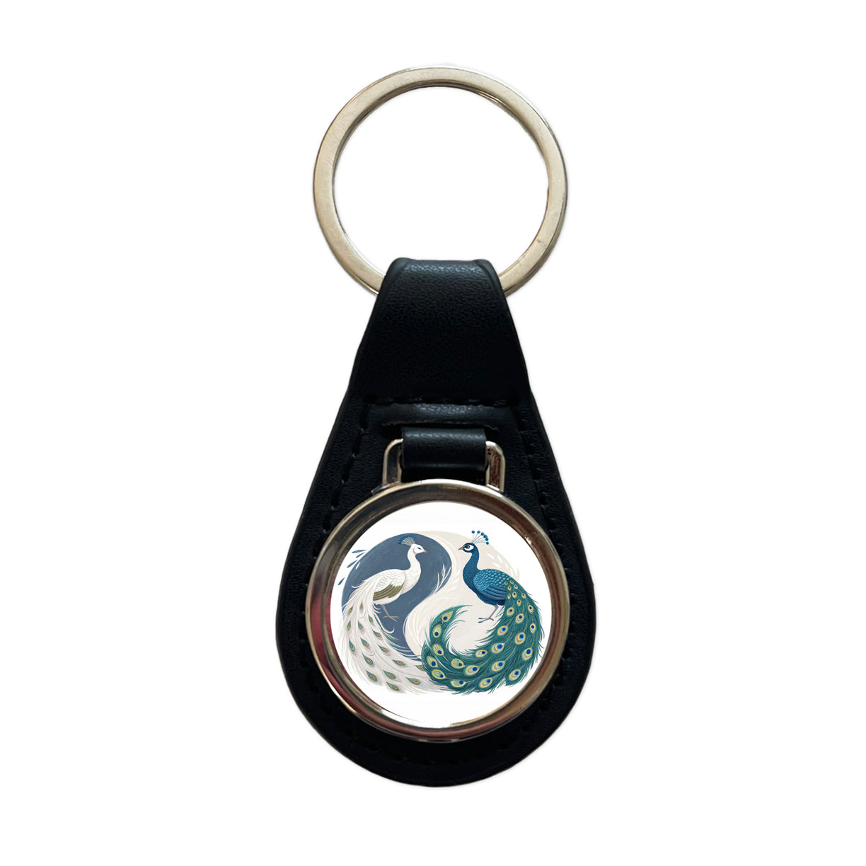 Two Peacocks Yin Yang Black Leather Metal Keychain