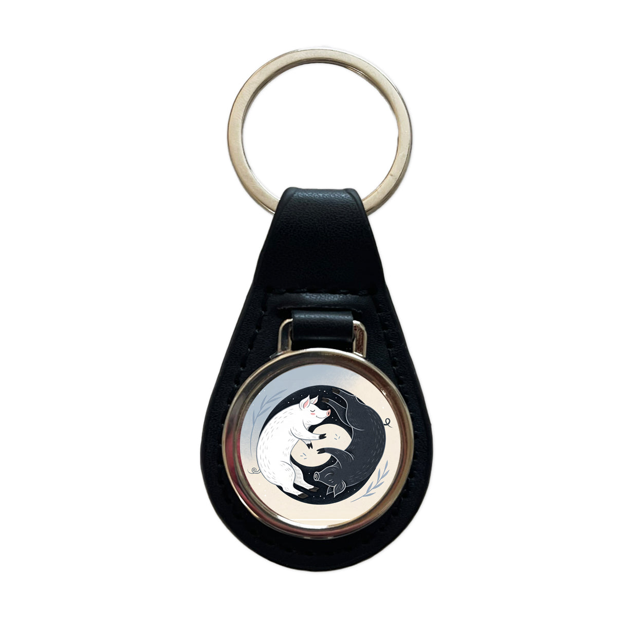 Two Pigs Yin Yang Black White Black Leather Metal Keychain