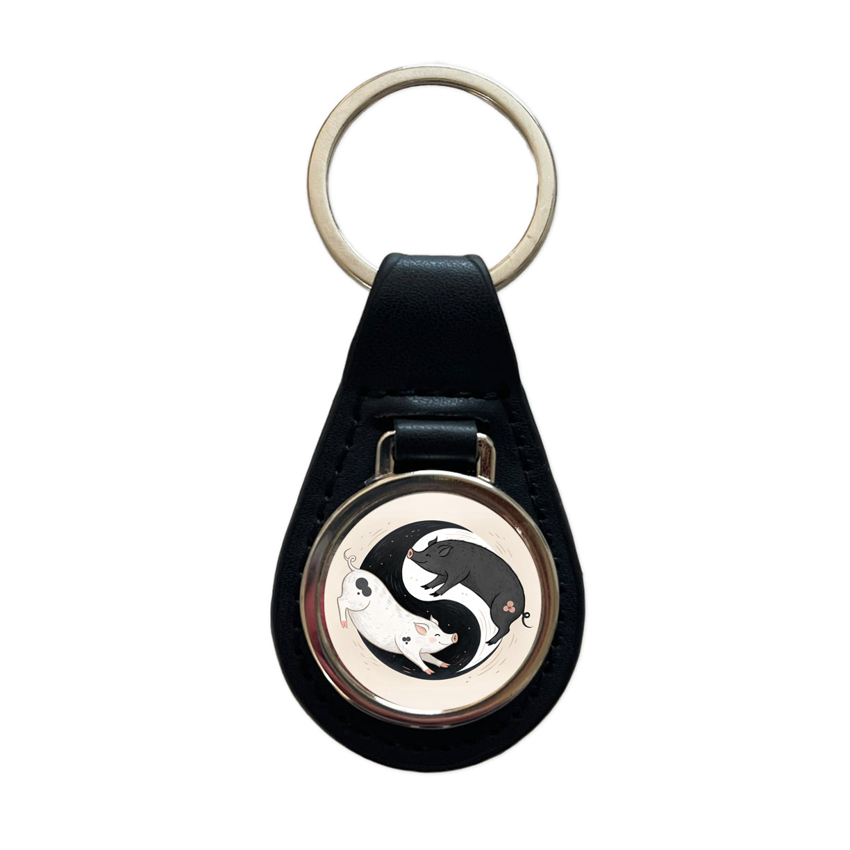 Two Pigs Yin Yang Cute Black Leather Metal Keychain