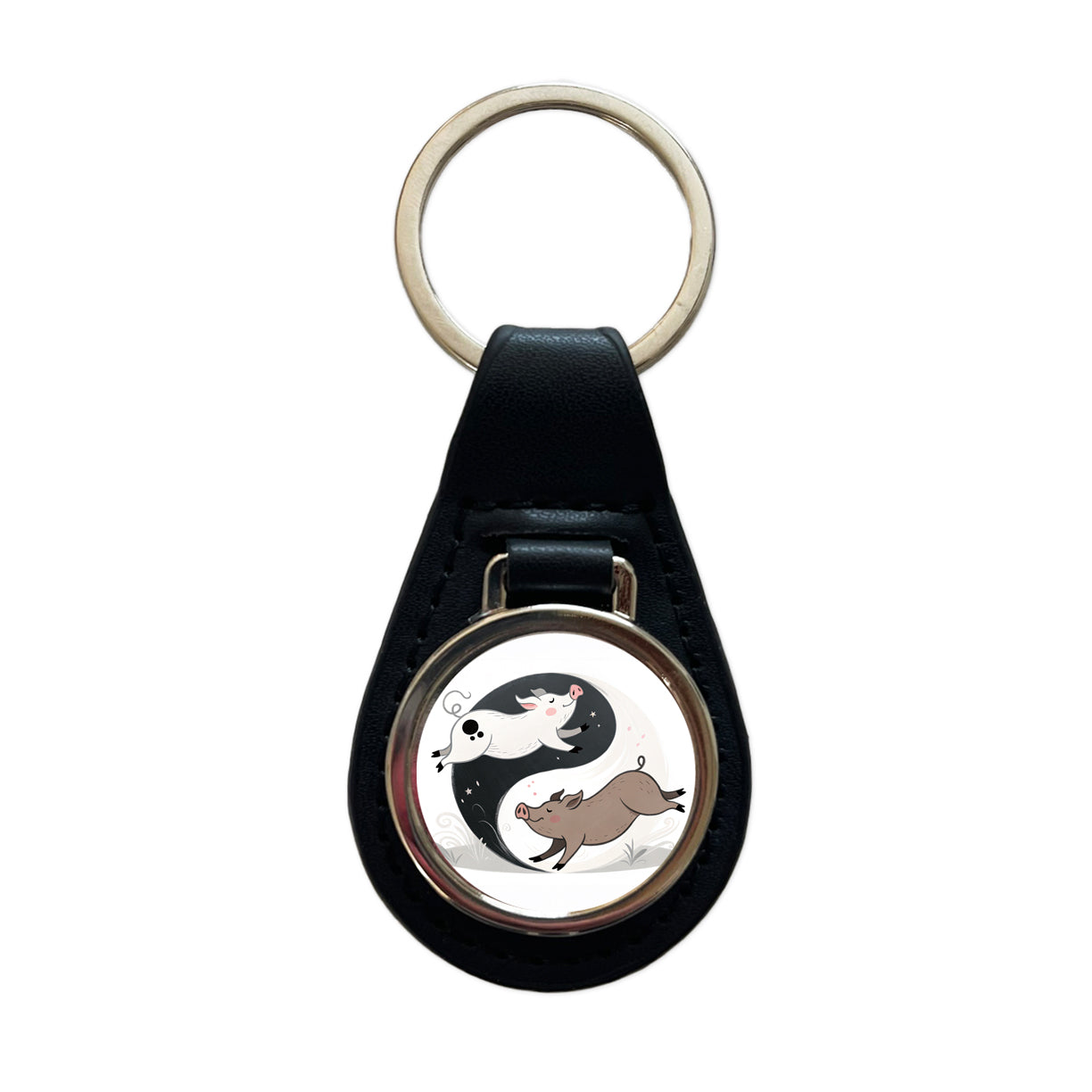 Two Pigs Yin Yang Black Leather Metal Keychain