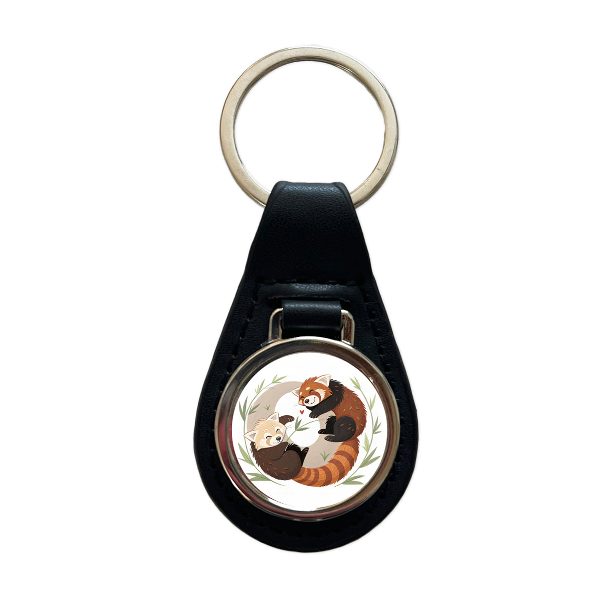 Two Red Pandas Yin Yang Black Leather Metal Keychain