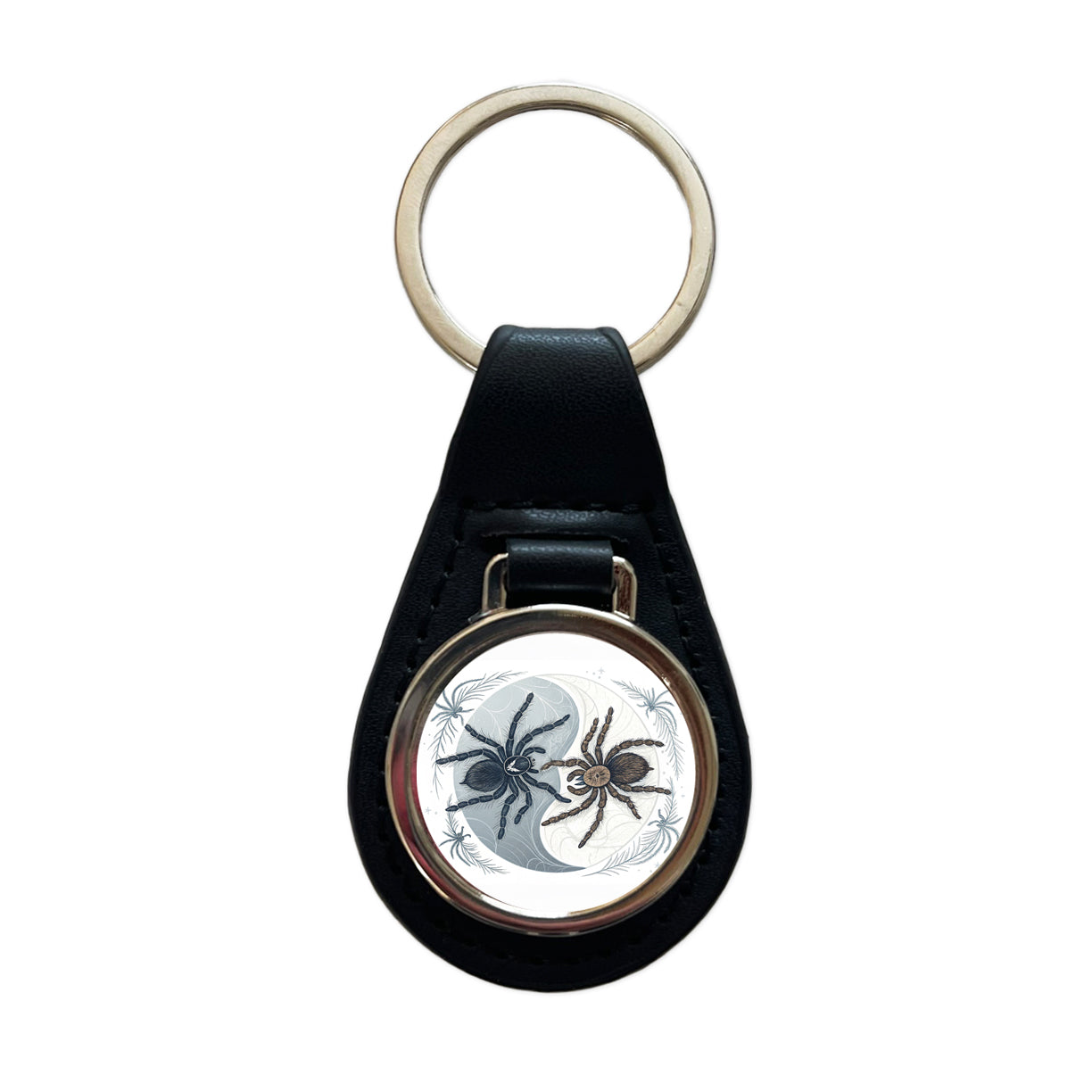 Two Tarantulas Spiders Yin Yang Black Leather Metal Keychain