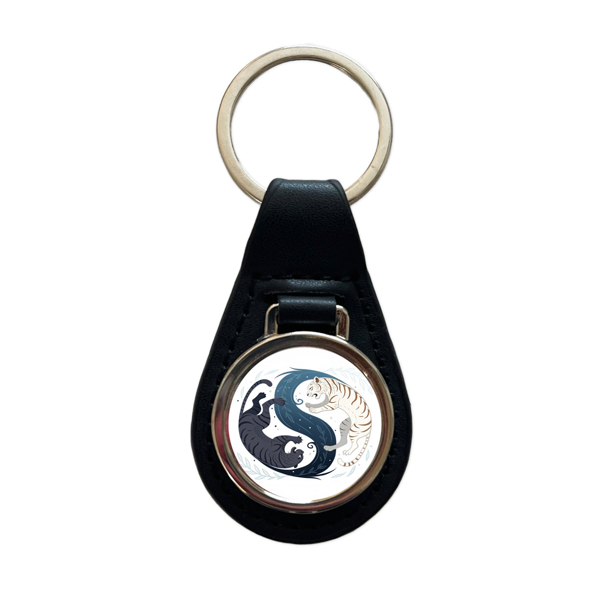 Two Tigers Yin Yang Awesome Black Leather Metal Keychain