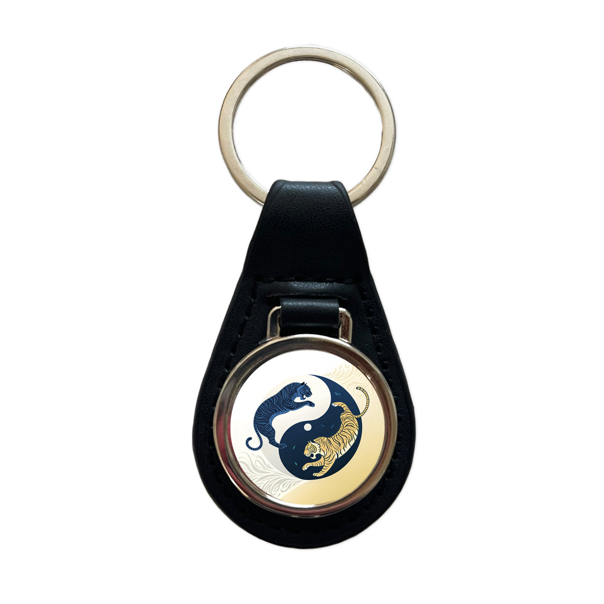 Two Tigers Yin Yang Black Leather Metal Keychain