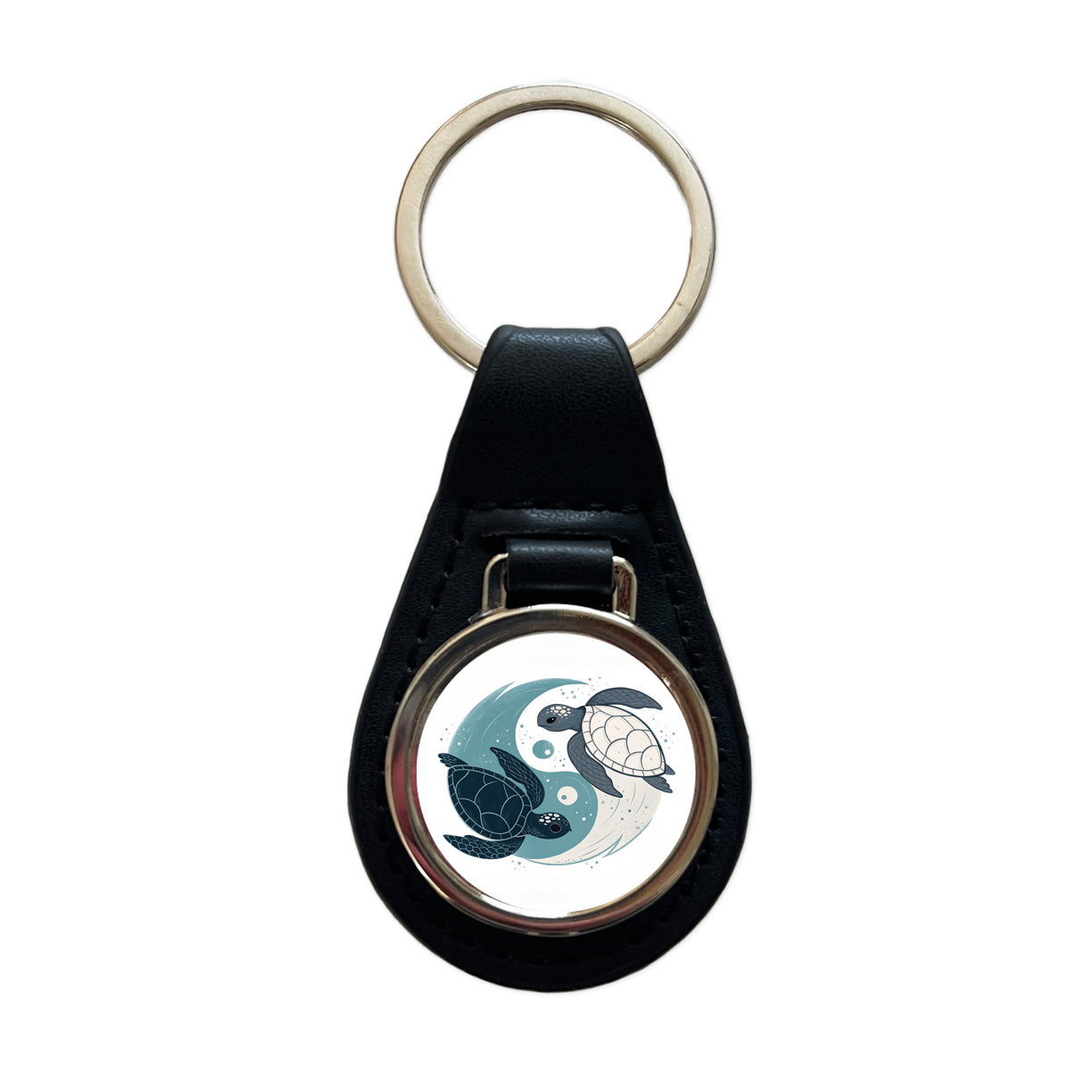 Two Turtles Yin Yang Swimming Black Leather Metal Keychain