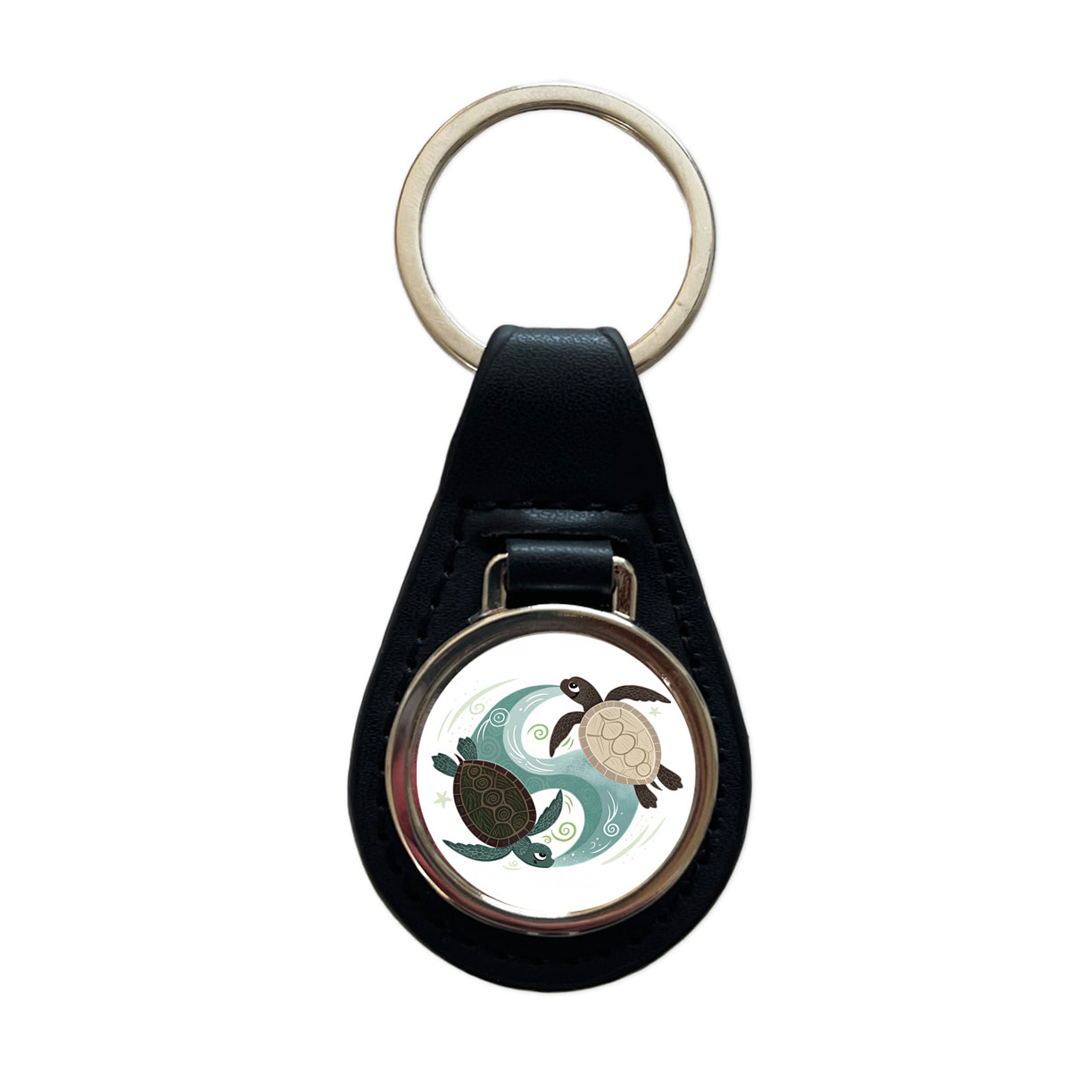 Two Turtles Yin Yang Black Leather Metal Keychain