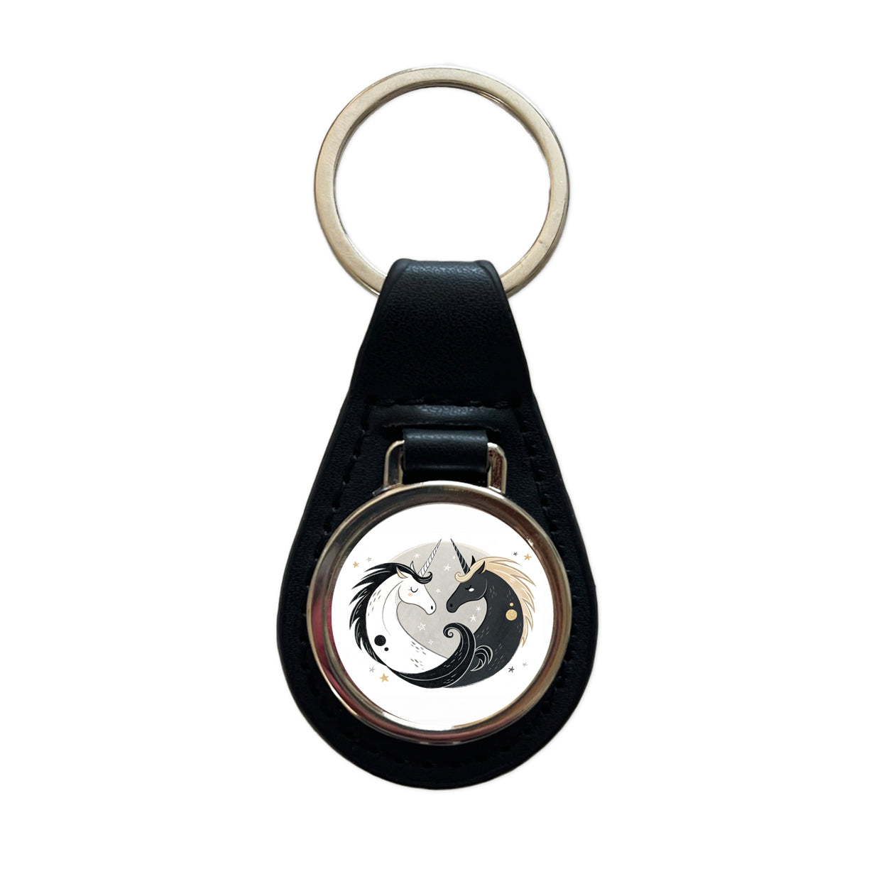 Two Unicorns Yin Yang Black White Black Leather Metal Keychain