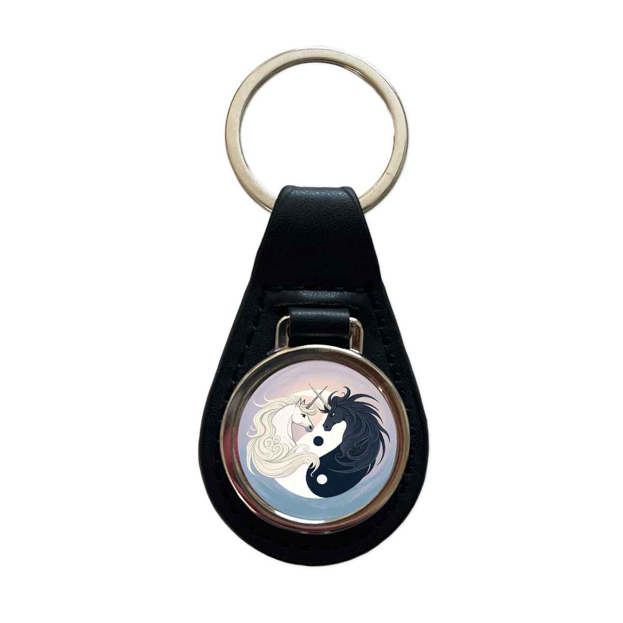 Two Unicorns Yin Yang Black Leather Metal Keychain