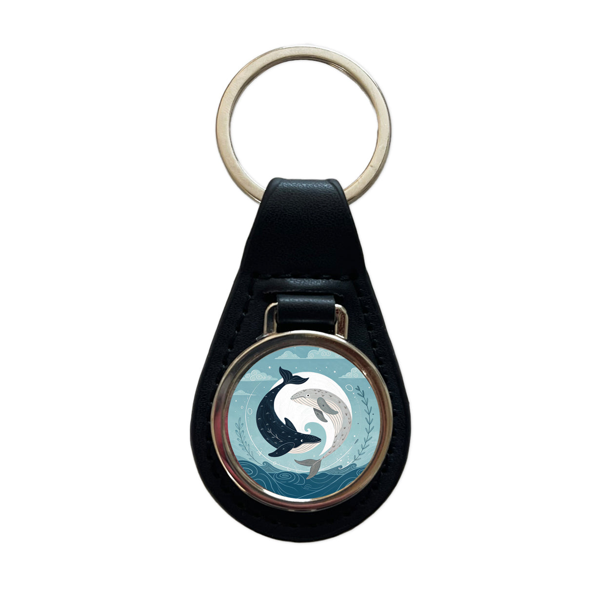 Two Whales Yin Yang Ocean Sky Black Leather Metal Keychain