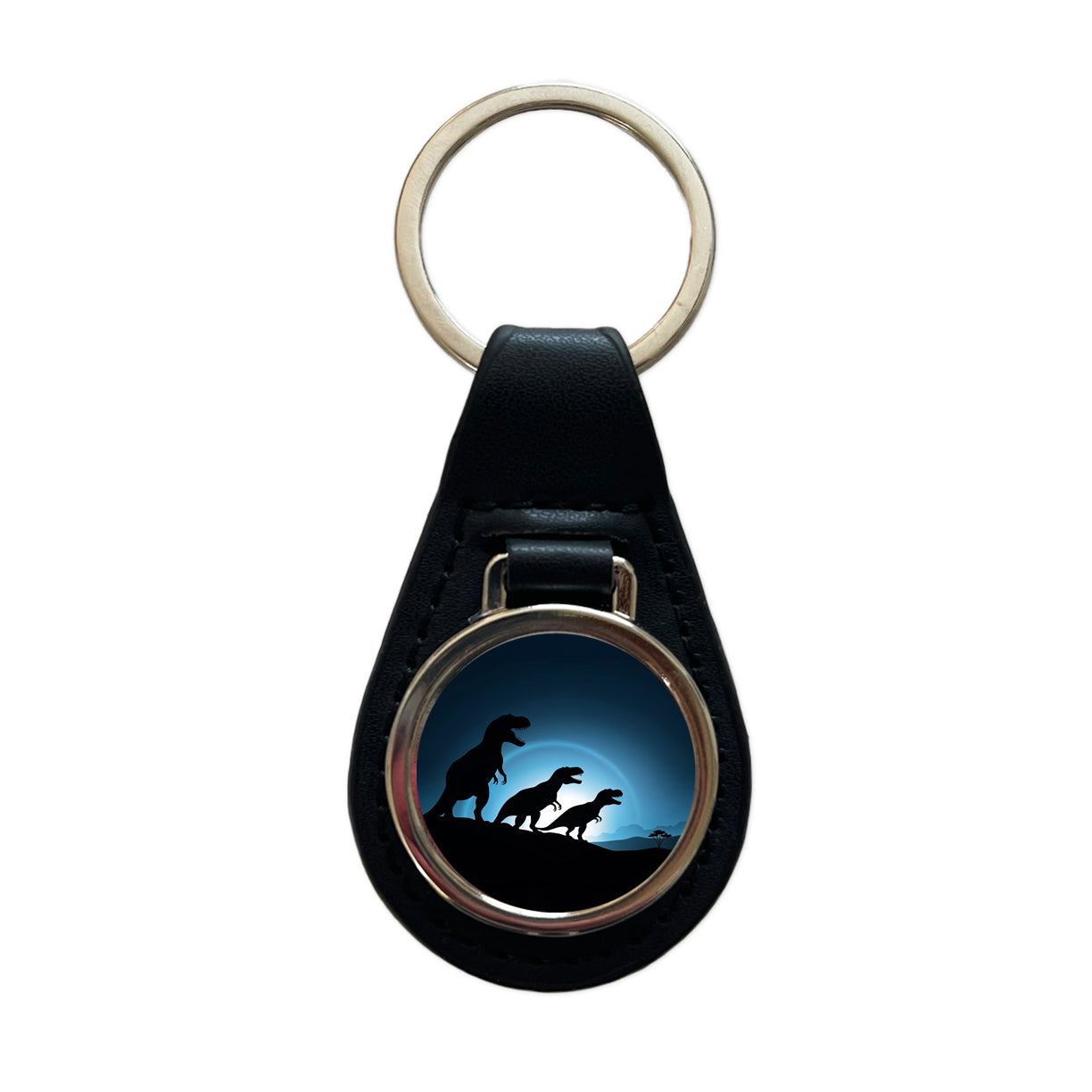 Tyrannosaurus T-Rex Dinosaur Night Silhouettes Black Leather Metal Keychain