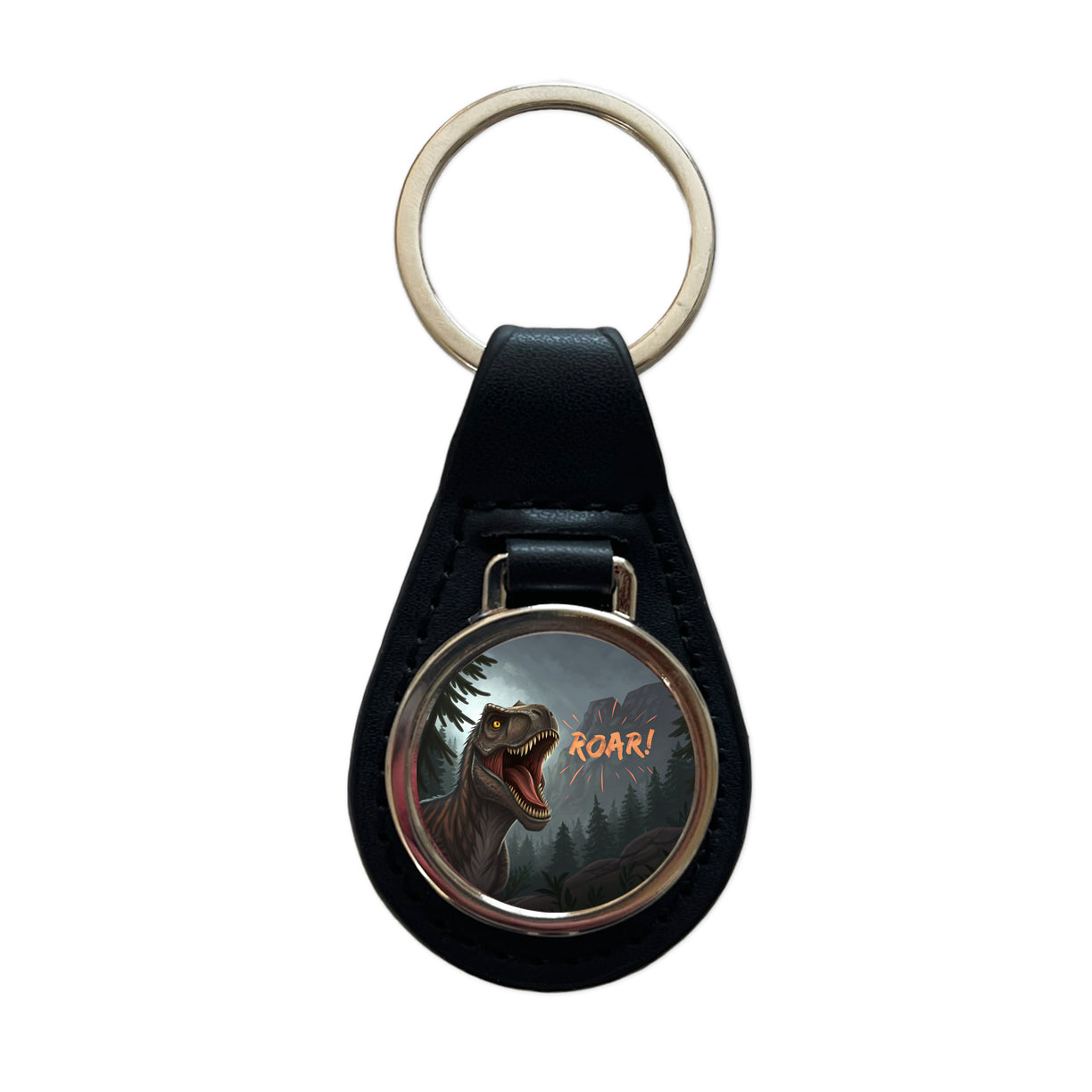 Tyrannosaurus T-Rex Dinosaur Roar Bold Text Black Leather Metal Keychain