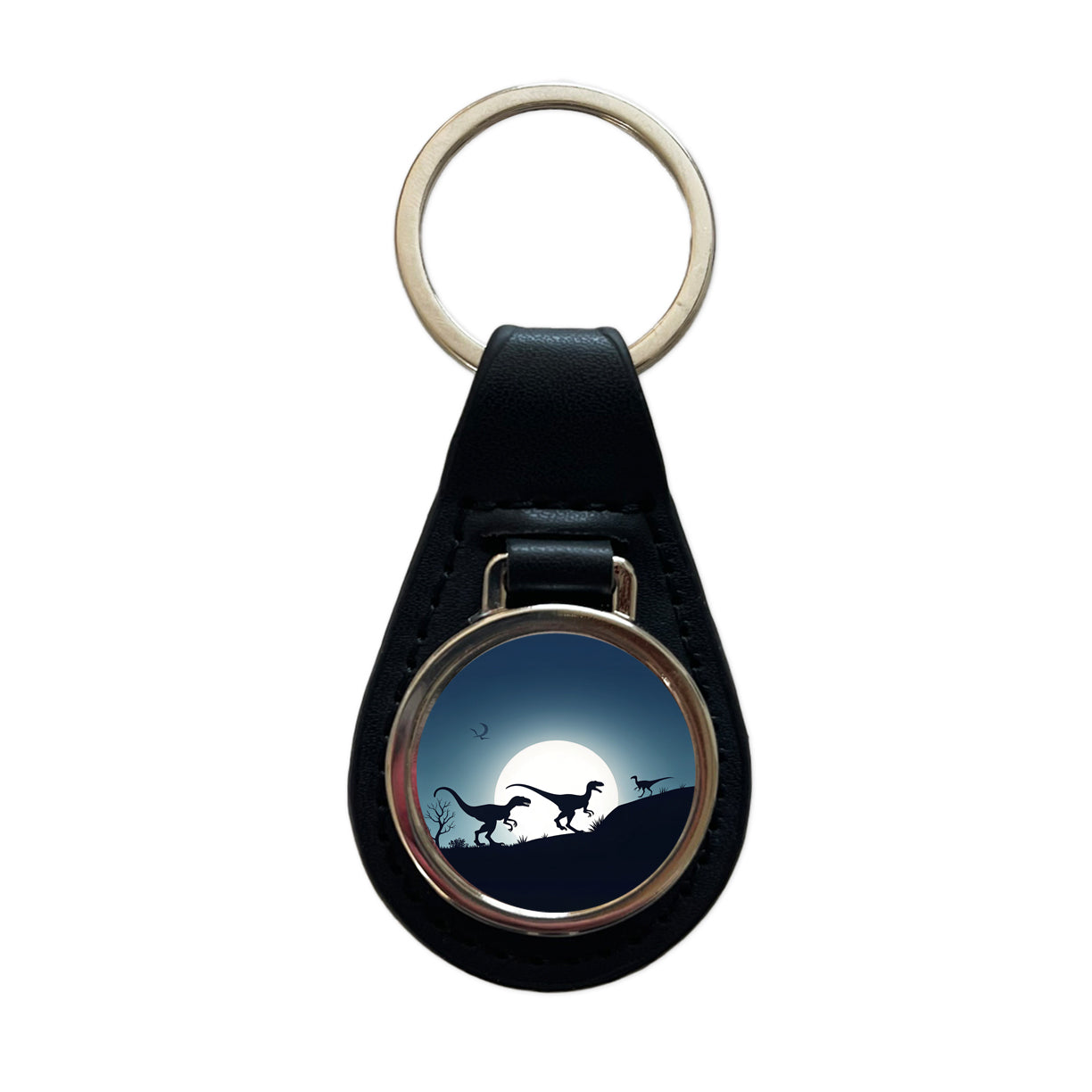 Velociraptor Silhouettes Dinosaurs Black Leather Metal Keychain