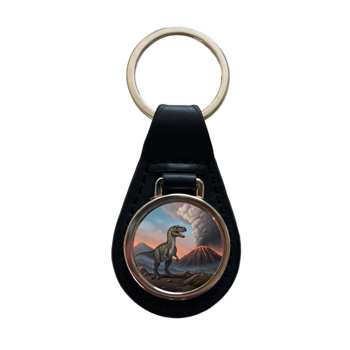 Velociraptor Volcano Dinosaur Black Leather Metal Keychain