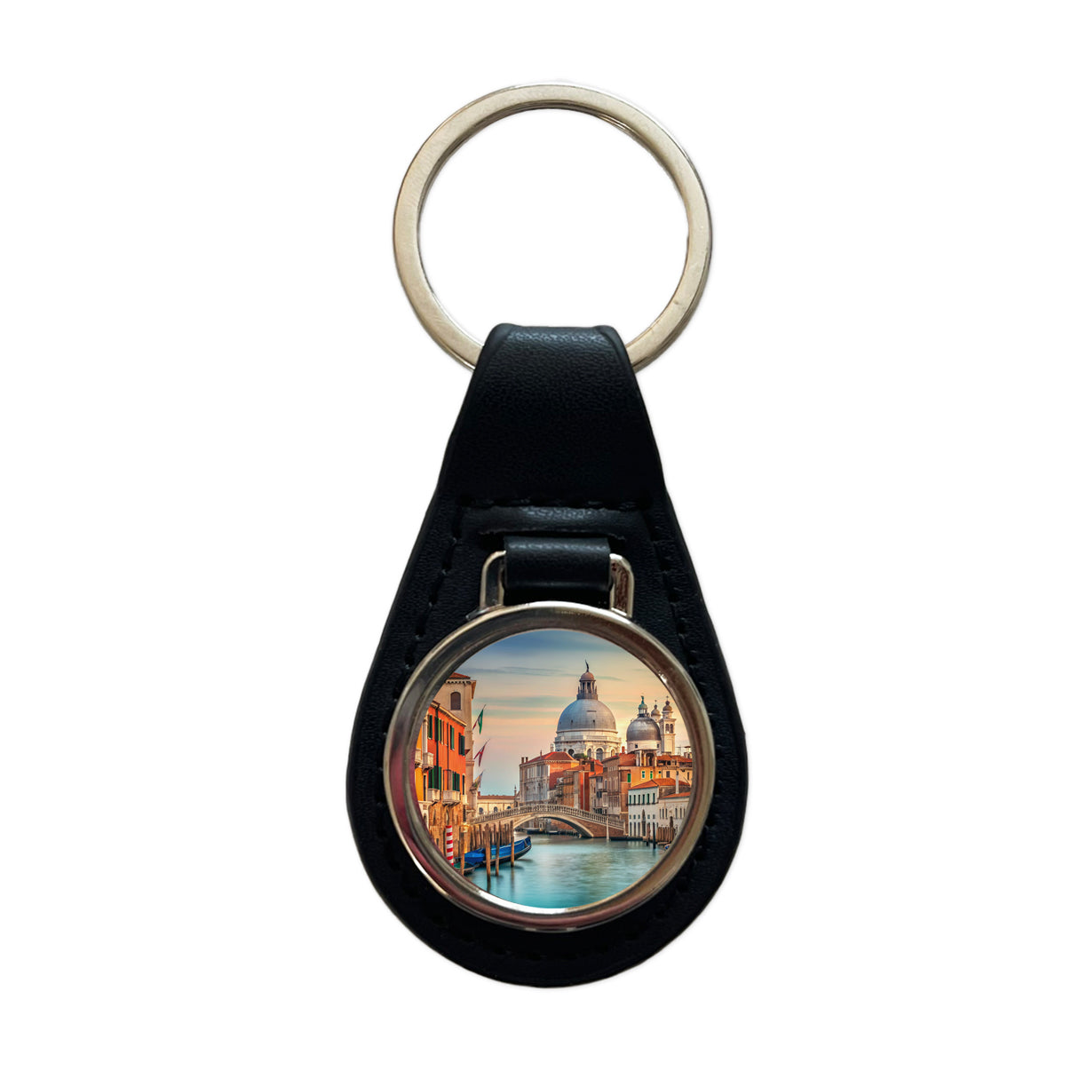 Venice Italy Canal Travel Black Leather Metal Keychain