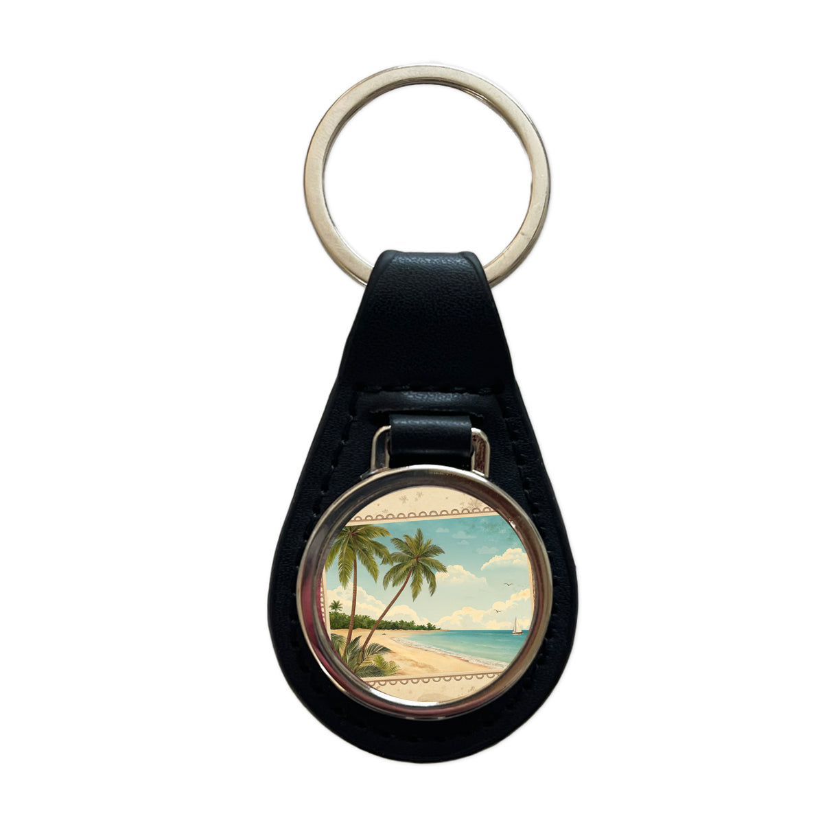 Vintage Beach Postcard Tropical Black Leather Metal Keychain