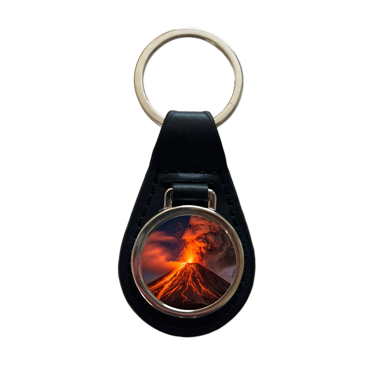 Volcano Erupting At Night Lava Black Leather Metal Keychain