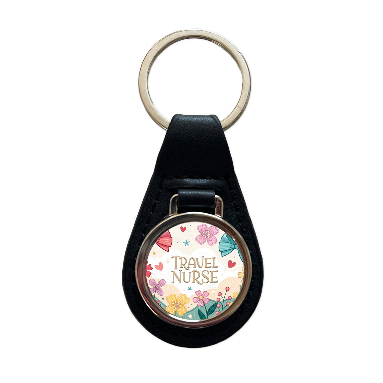 Travel Nurse Appreciation Coquette Bows Flowers Black Leather Metal Keychain