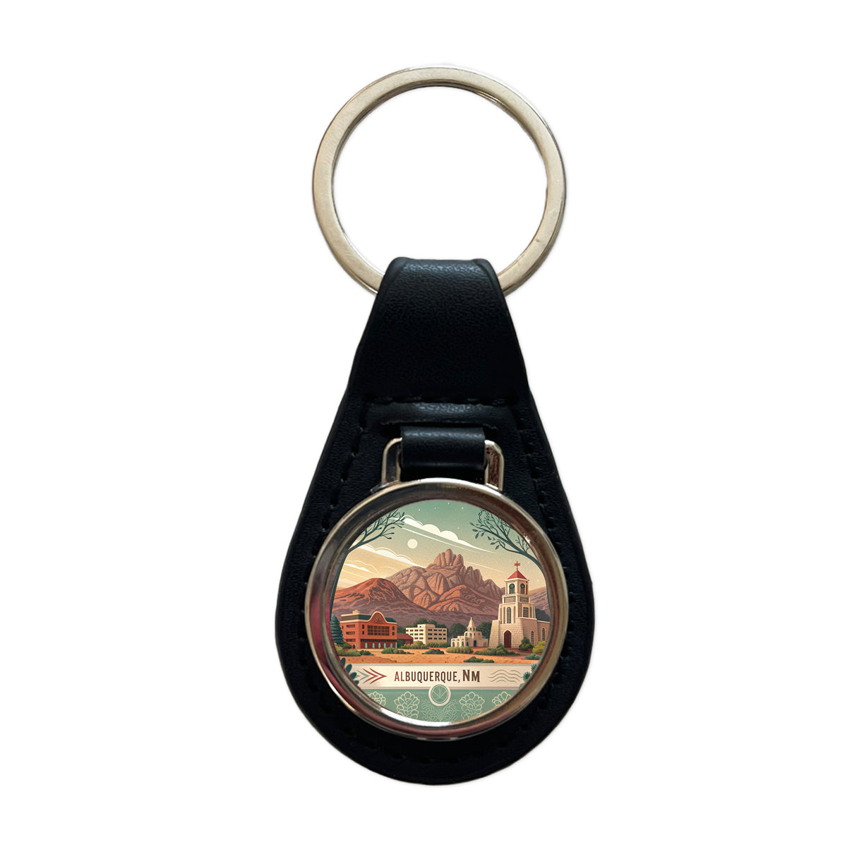 Albuquerque, New Mexico NM Travel City State Stamp Black Leather Metal Keychain