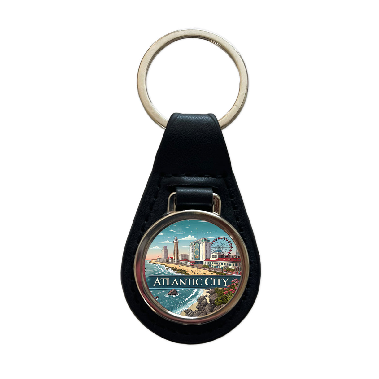 Atlantic City, New Jersey NJ Travel City State Stamp Black Leather Metal Keychain