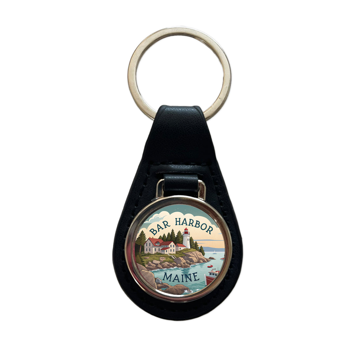 Bar Harbor, Maine ME Travel City State Stamp Black Leather Metal Keychain