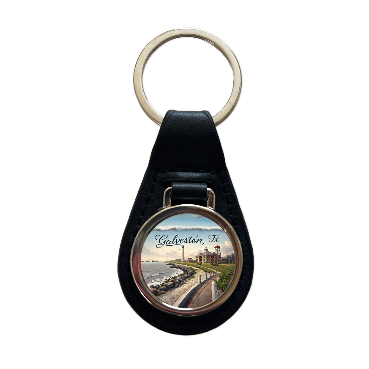 Galveston, Texas TX Travel City State Stamp Black Leather Metal Keychain