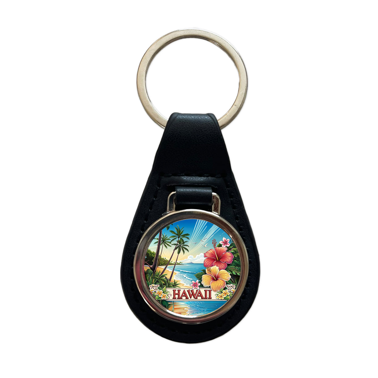 Hawaii HI Travel City State Stamp Black Leather Metal Keychain