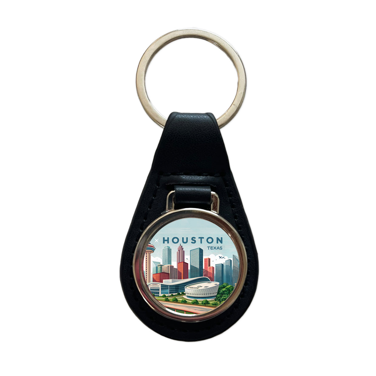 Houston, Texas TX Travel City State Stamp Black Leather Metal Keychain