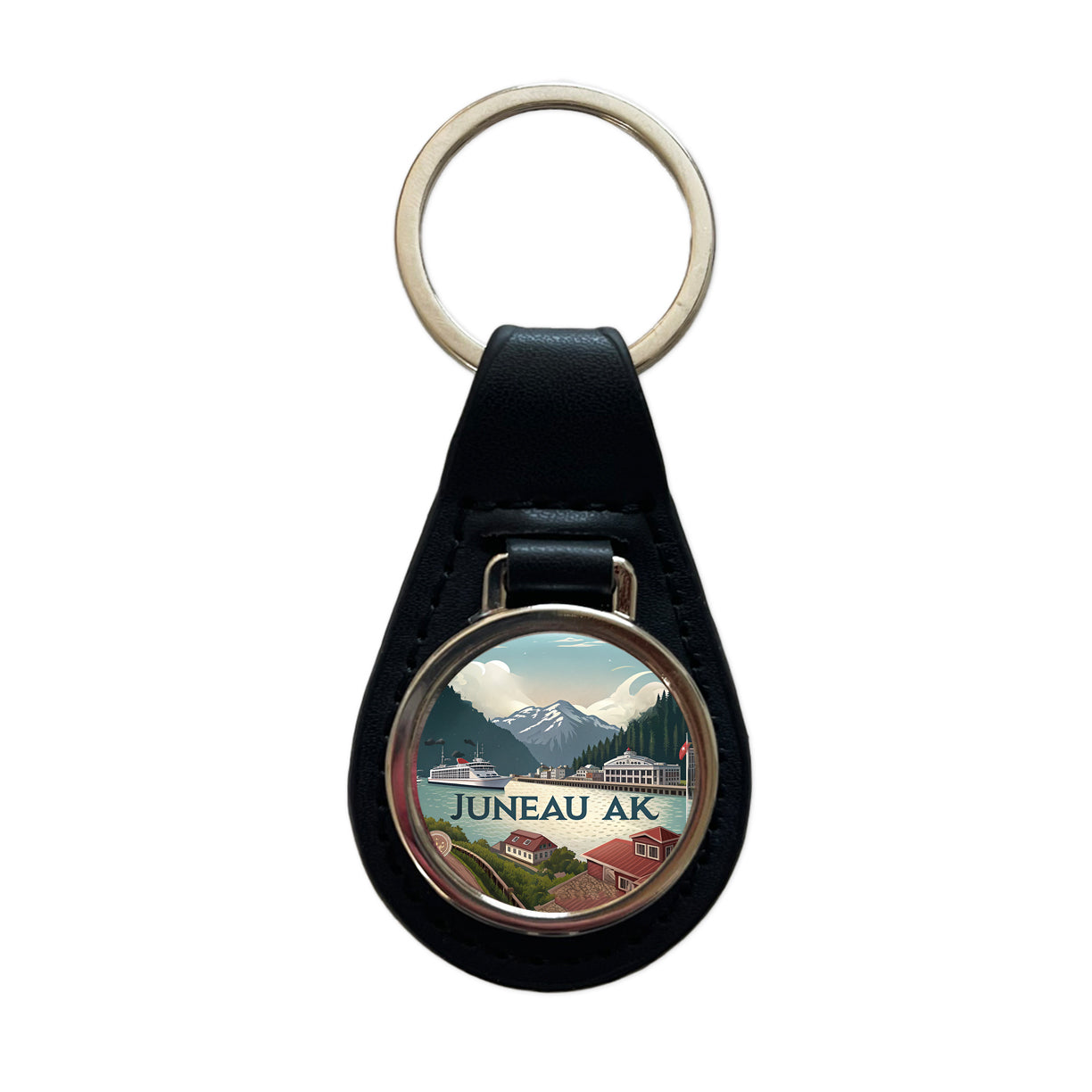 Juneau, Alaska AK Travel City State Stamp Black Leather Metal Keychain