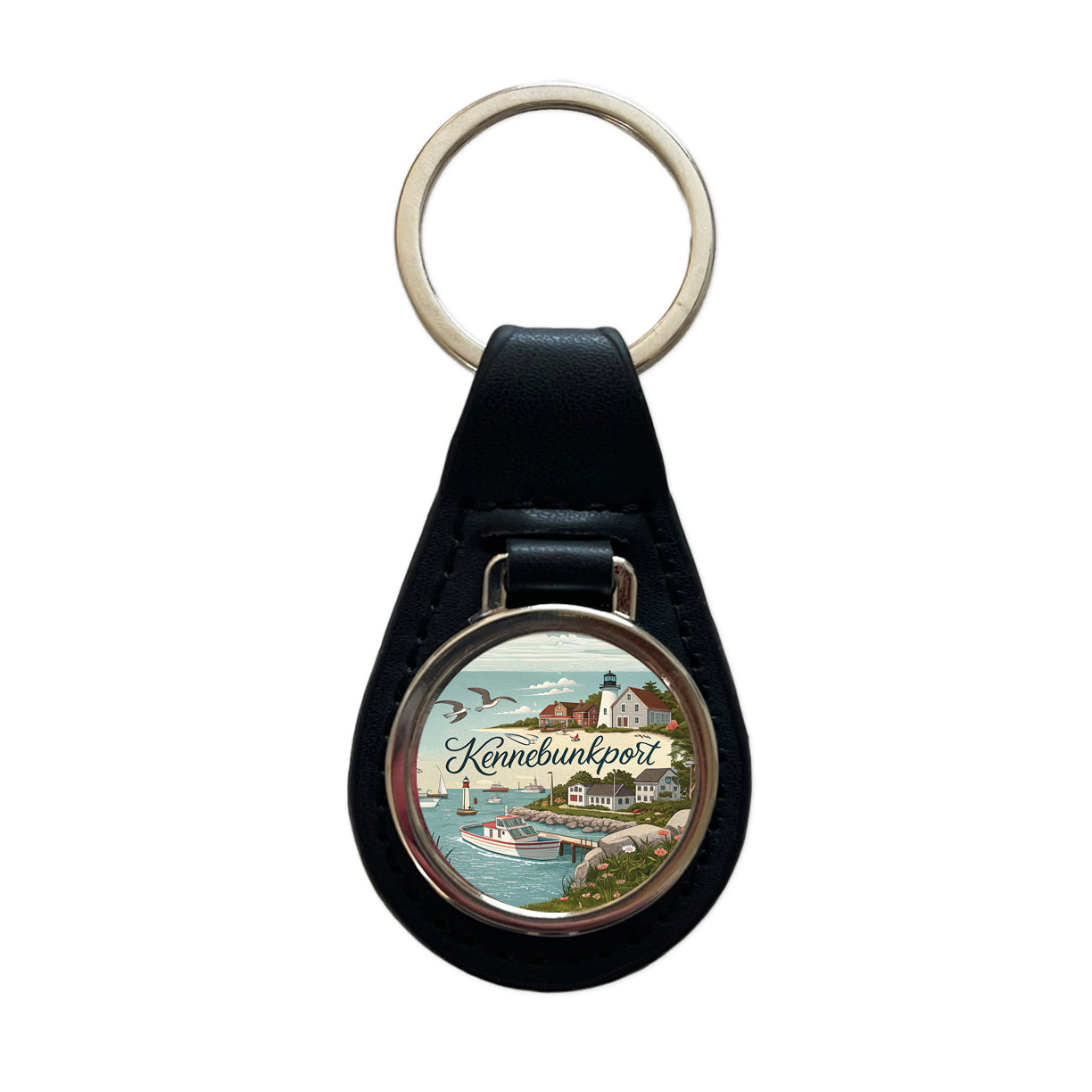 Kennebunkport, Maine ME Travel City State Stamp Black Leather Metal Keychain