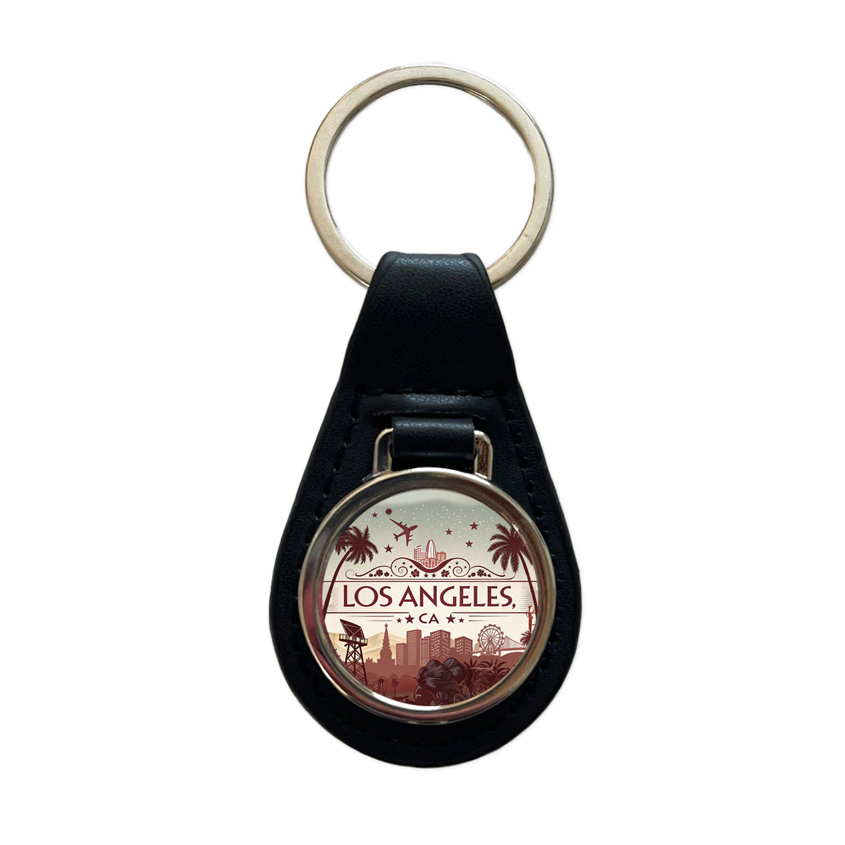 Los Angeles, California CA Travel City State Stamp Black Leather Metal Keychain