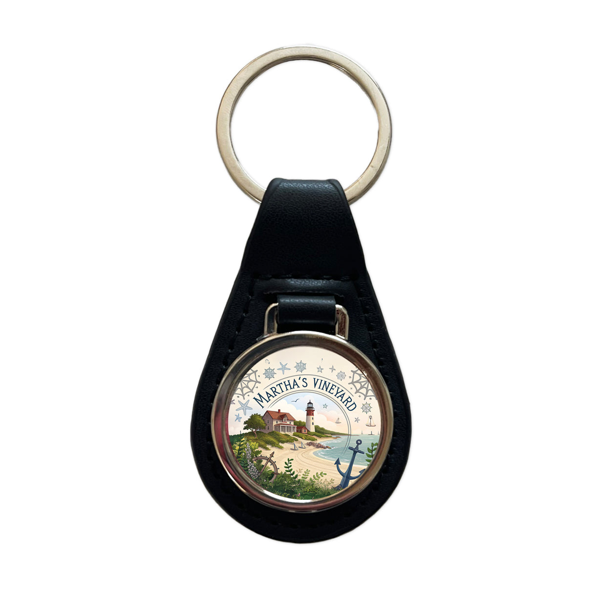 Martha's Vineyard, Massachusetts MA Travel City State Stamp Black Leather Metal Keychain