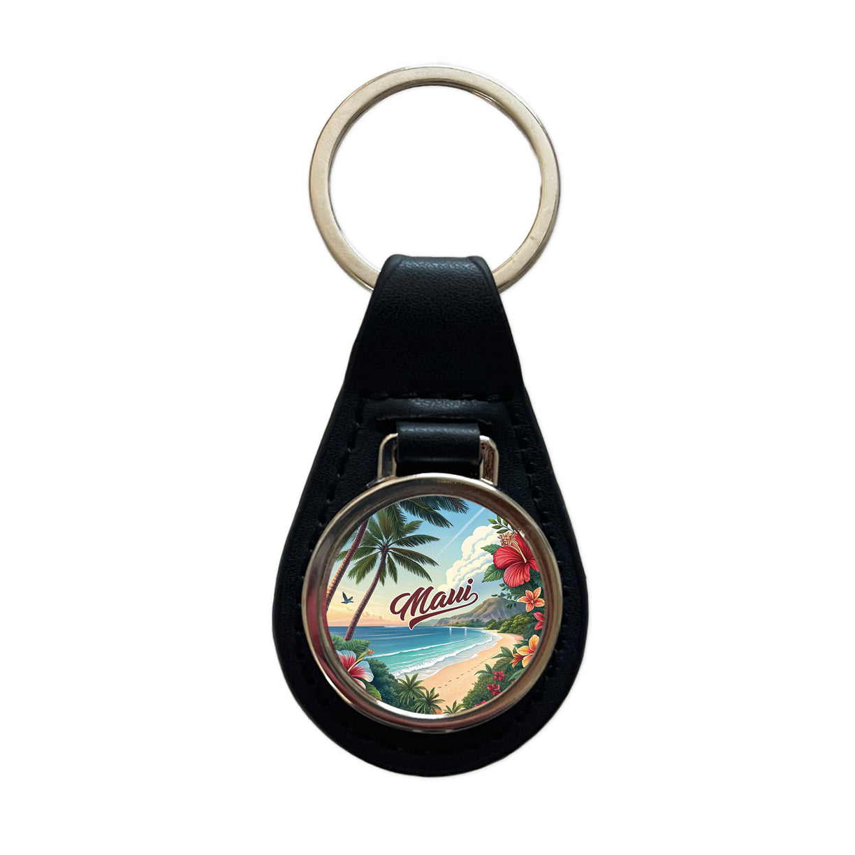 Maui, Hawaii HI Travel City State Stamp Black Leather Metal Keychain