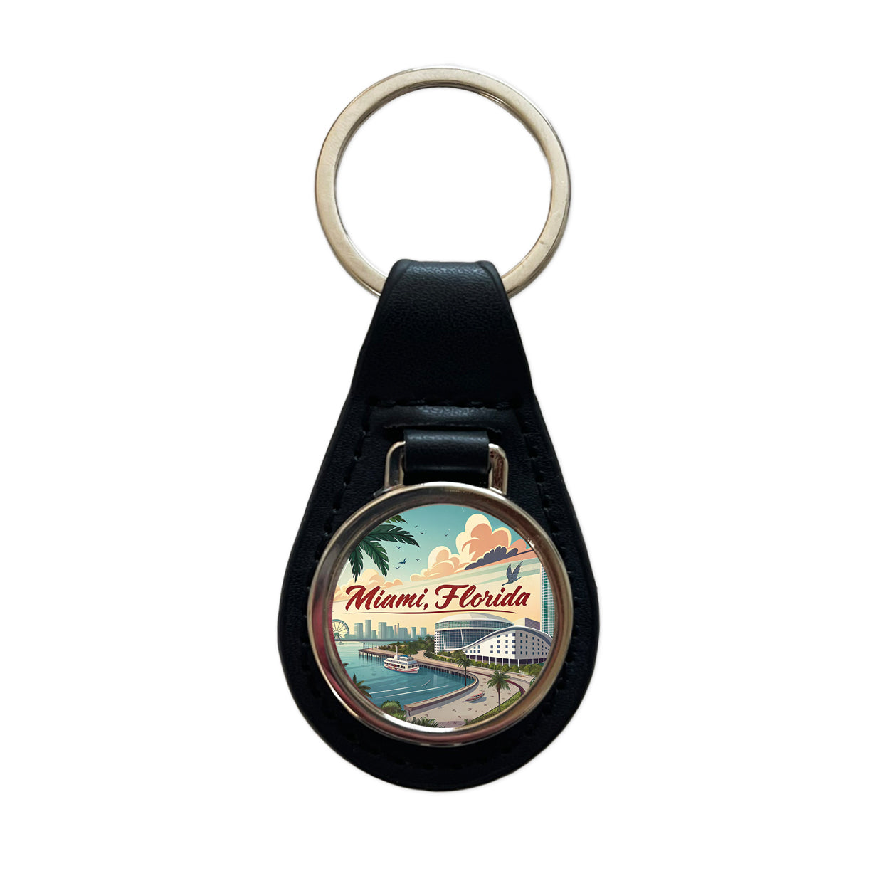 Miami, Florida FL Travel City State Stamp Black Leather Metal Keychain
