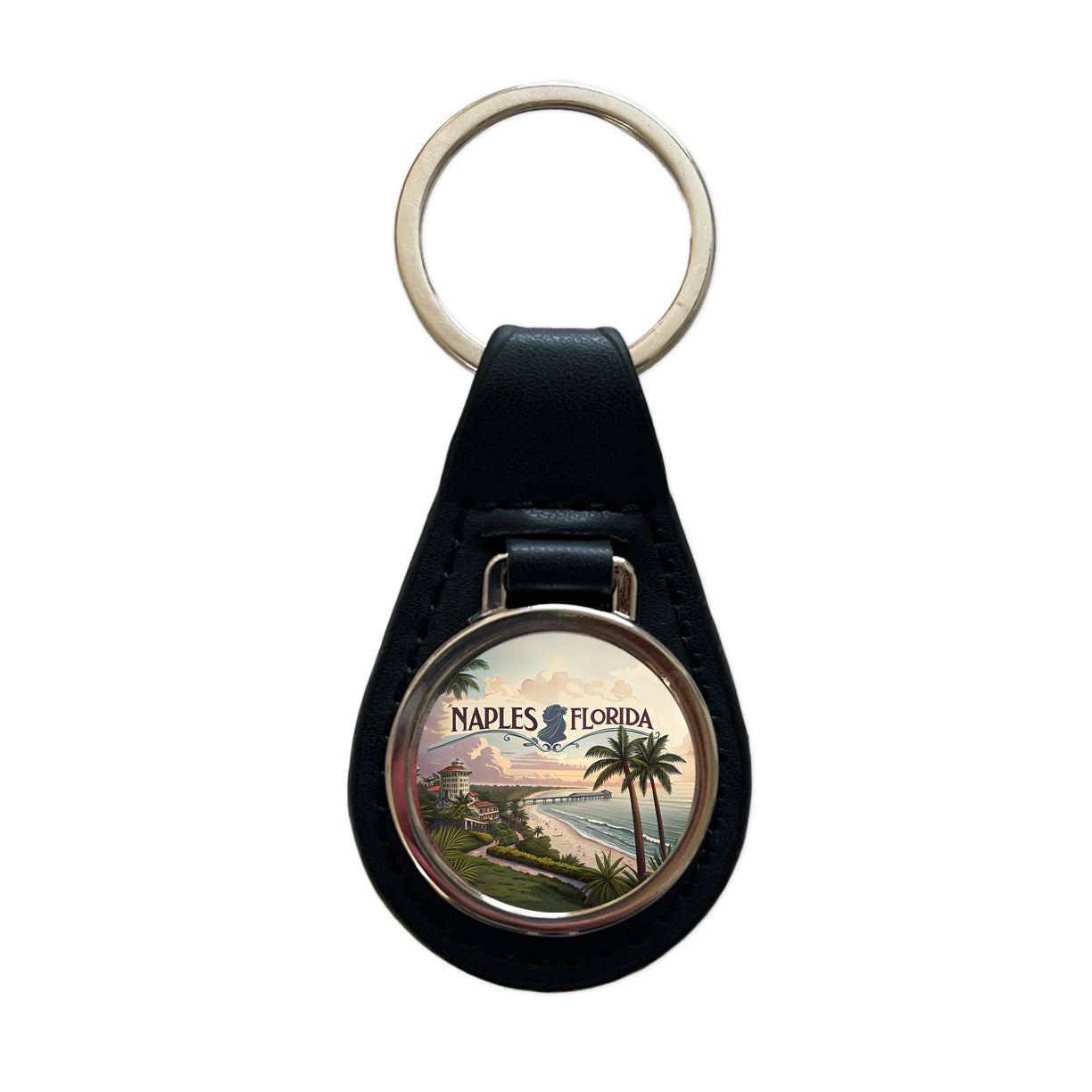 Naples, Florida FL Travel City State Stamp Black Leather Metal Keychain
