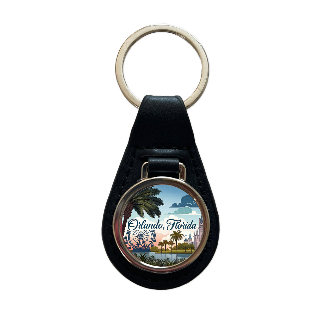 Orlando, Florida FL Travel City State Stamp Black Leather Metal Keychain