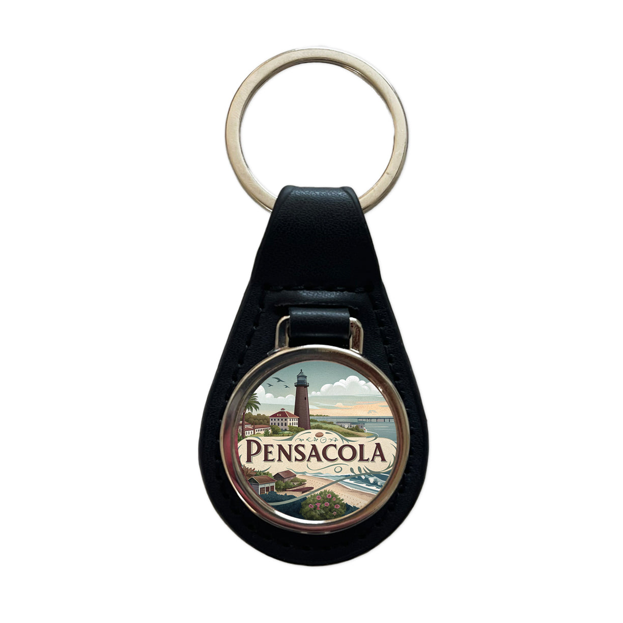 Pensacola, Florida FL Travel City State Stamp Black Leather Metal Keychain