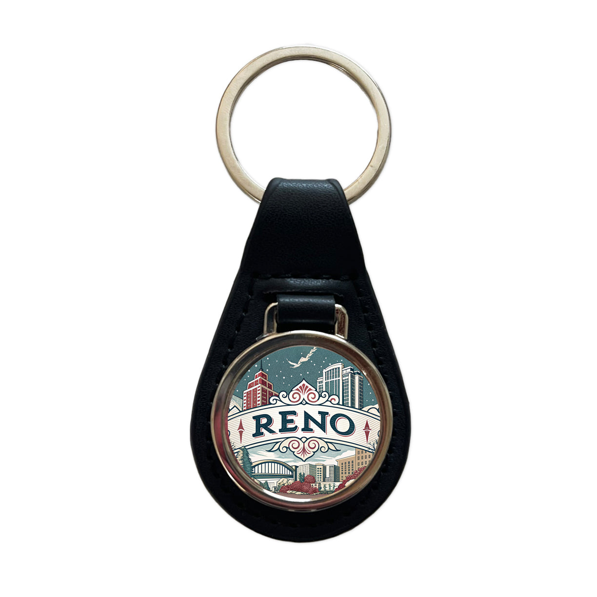 Reno, Nevada NV Travel City State Stamp Black Leather Metal Keychain